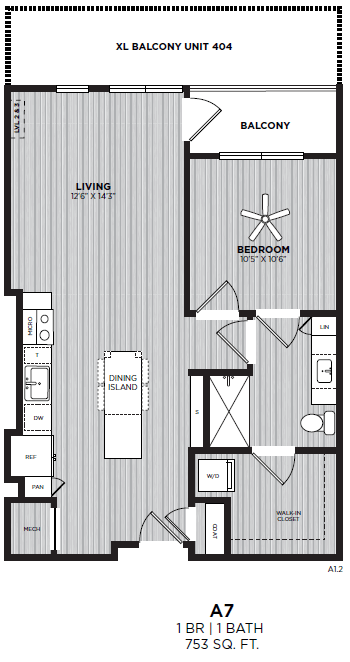 Floor plan for 1 bed, 1 bath, 753 sqft